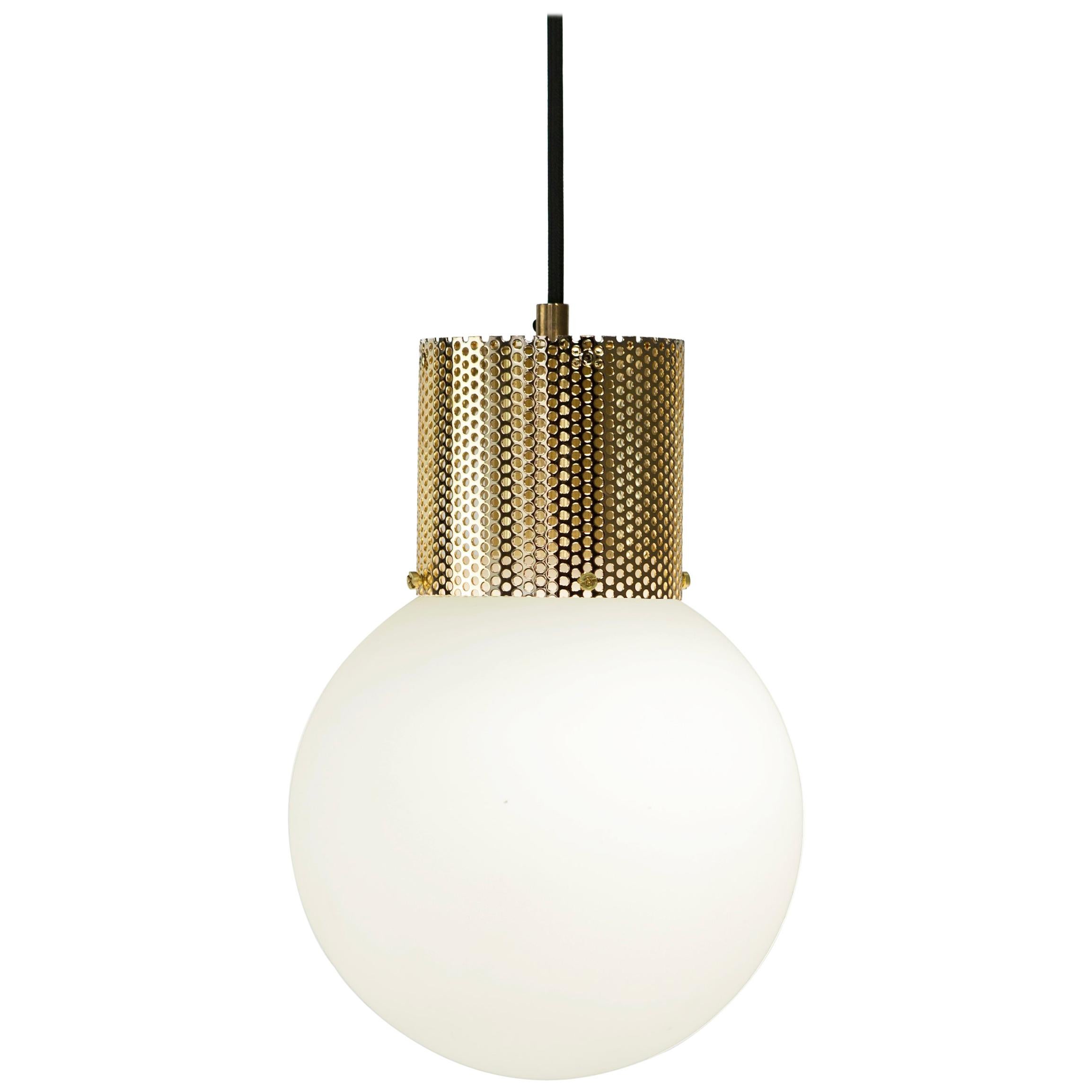 Perf Pendant Light Medium Brass Perforated Tube, Glass Round Orb Shade For Sale