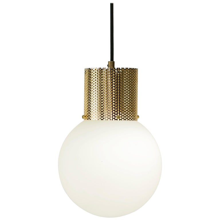 Brass Tube Pendant Light perf pendant light medium brass perforated tube glass round orb shade for sale
