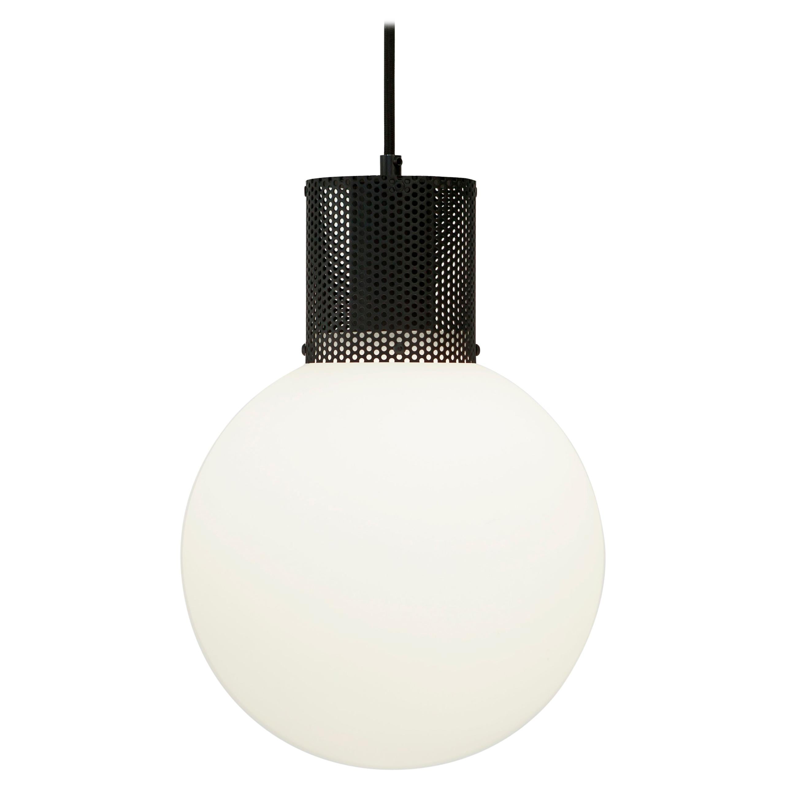 Perf Pendant Light, Large Matte Black Perforated Tube, Glass Round Orb Shade For Sale