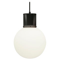 Perf Pendant Light, Large Matte Black Perforated Tube, Glass Round Orb Shade
