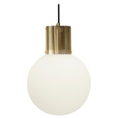 Perf Pendant Light Large, Brass Perforated Tube, Glass Round Orb Shade