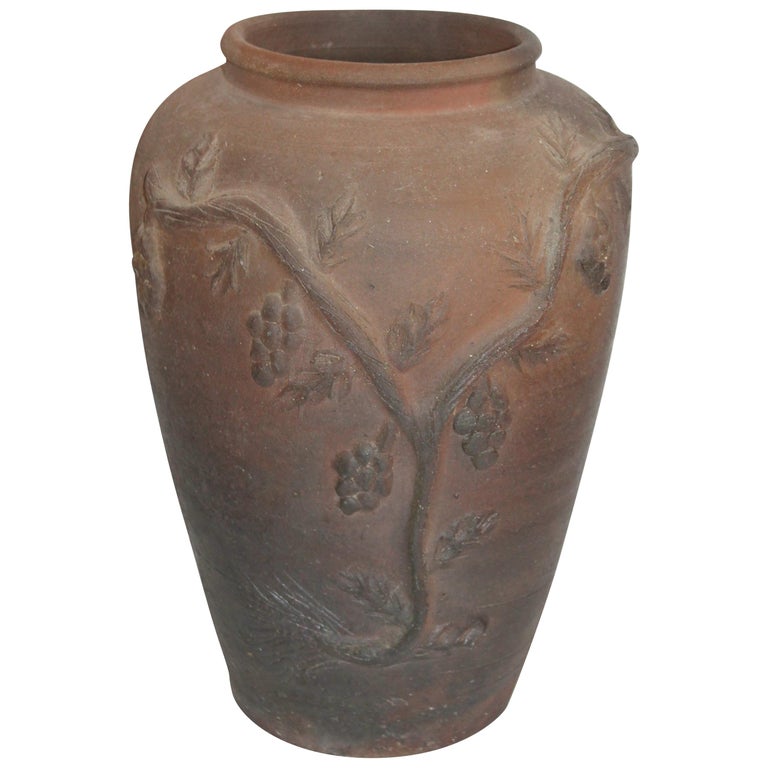 19th Century Folk Art Red Clay or Pottery Grape Vine Vase/ Signed For