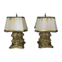 19th Century Giltwood Capital Lamps with Parchment Shades, Pair