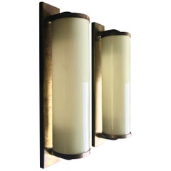 Pair of Art Deco Sconces in Brass and Cased Glass, European