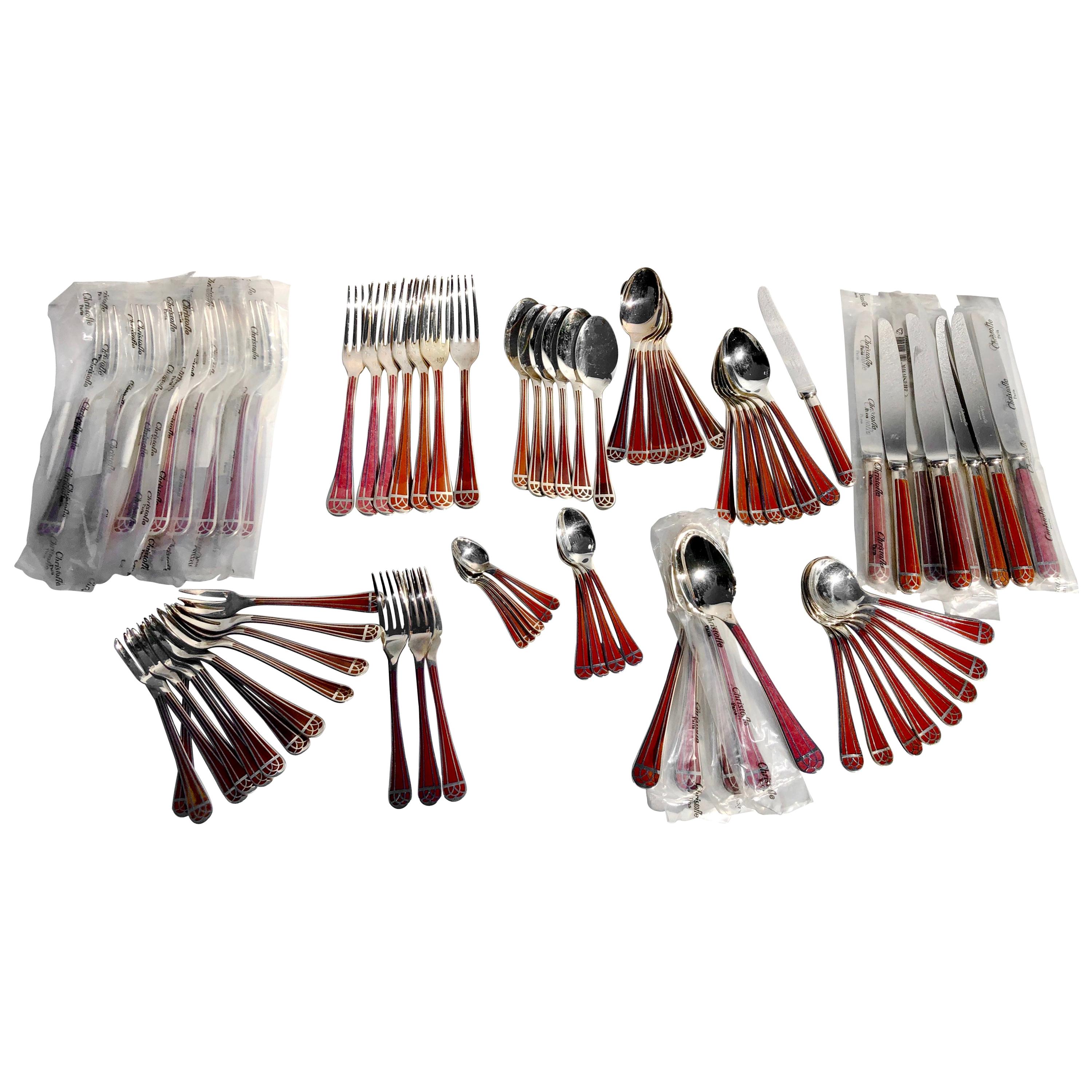 82-Piece Set of French Christofle "Talisman Rouge" Chinese Lacquer Silverware For Sale