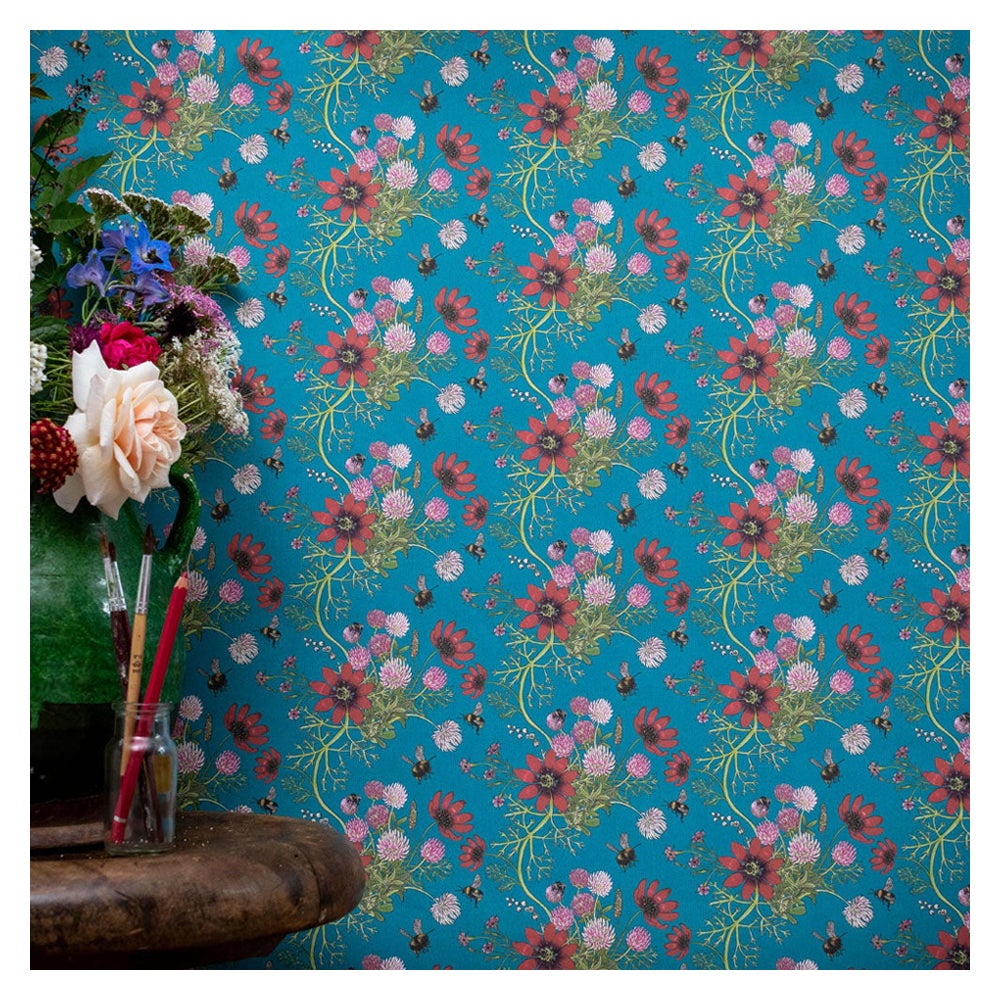 Mercia Vines Slate Botanical Birds and Bees Wallpaper For Sale at 1stDibs