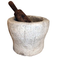 Antique 18th Century Spanish Hand Carved Stone Kitchen Mortar and Wooden Pestle