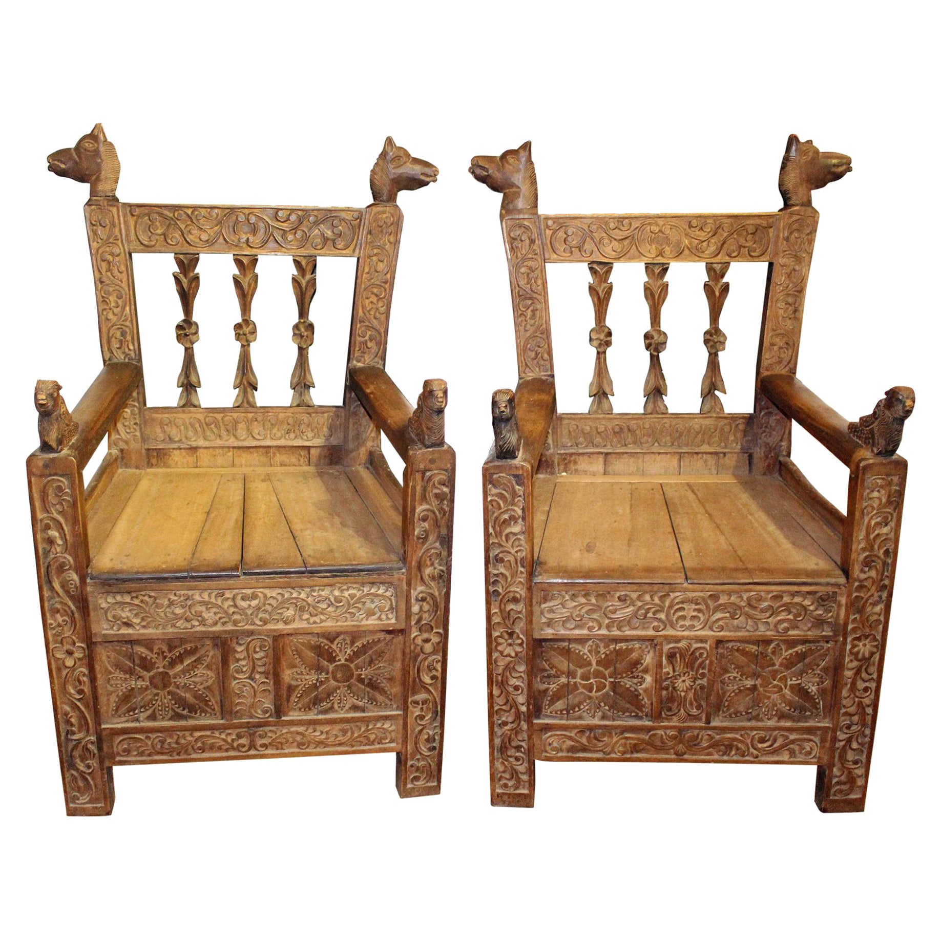 19th Century Pair of Bolivian Hand Carved Wooden Armchairs
