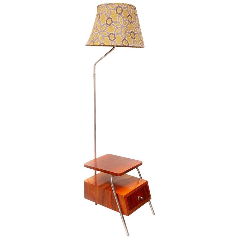 Midcentury Floor Lamp With Table And Drawer Nut Wood Chrome Midcentury Floor Lamp With Table And Drawer Nut Wood Chrome Poland 1960s