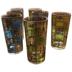 Set of 8 Signed Culver Mid-Century Modern Green, Blue & Gilt Cocktail Glasses