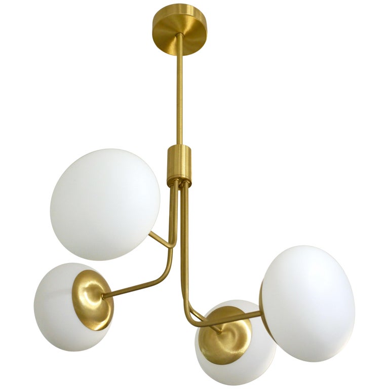 Contemporary Italian Modern Satin Brass And 4 White Murano Glass Contemporary Italian Modern Satin Brass 4 White Murano Glass Globe Chandelier For