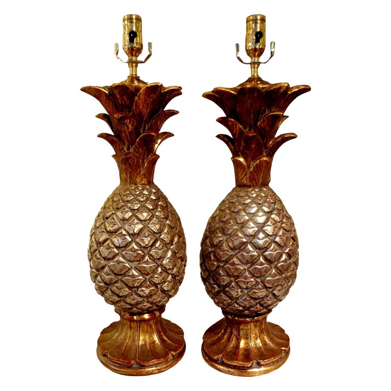 Pair of Vintage Italian Gilt Terracotta Pineapple Lamps For Sale