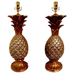 Pair of Vintage Italian Gilt Terracotta Pineapple Lamps
