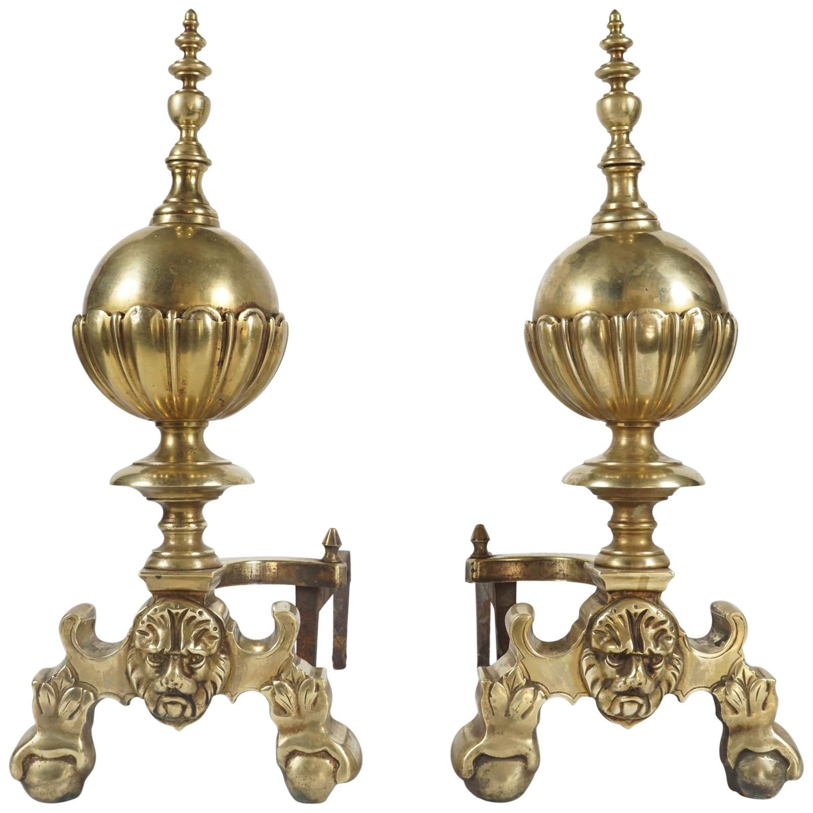 Edwardian Pair of Georgian Style Brass Andirons