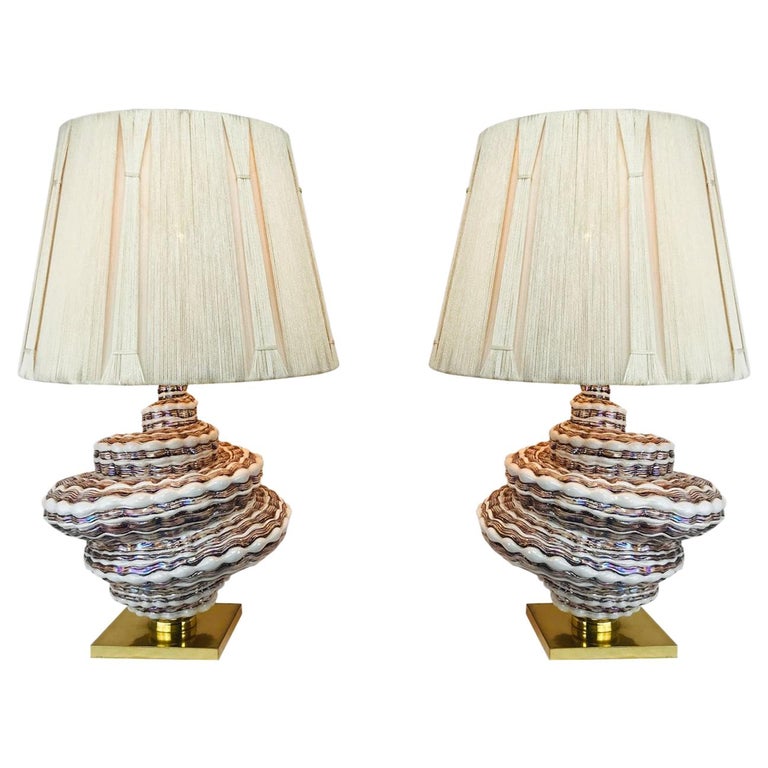 Pair Of Glass Spiral Table Lamps With Shades