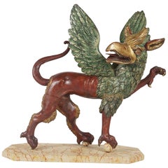 Figure d'un Griffon de Style Baroque Italien en Bois Sculpté, Peint et Doré