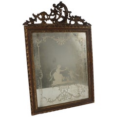 19th Century Venetian Engraved Mirror in a Carved Stained & Gilded Rococo Frame