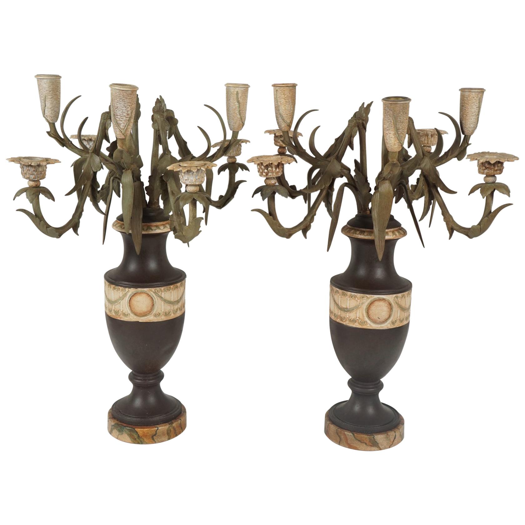 Pair Late 19th Century French Tole Painted Bronze Urn & Flower Form Candelabra