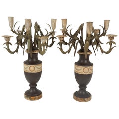 Pair Late 19th Century French Tole Painted Bronze Urn & Flower Form Candelabra