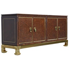 Mastercraft Hollywood Regency Brass Accent Faux Leather Asian Modern Credenza