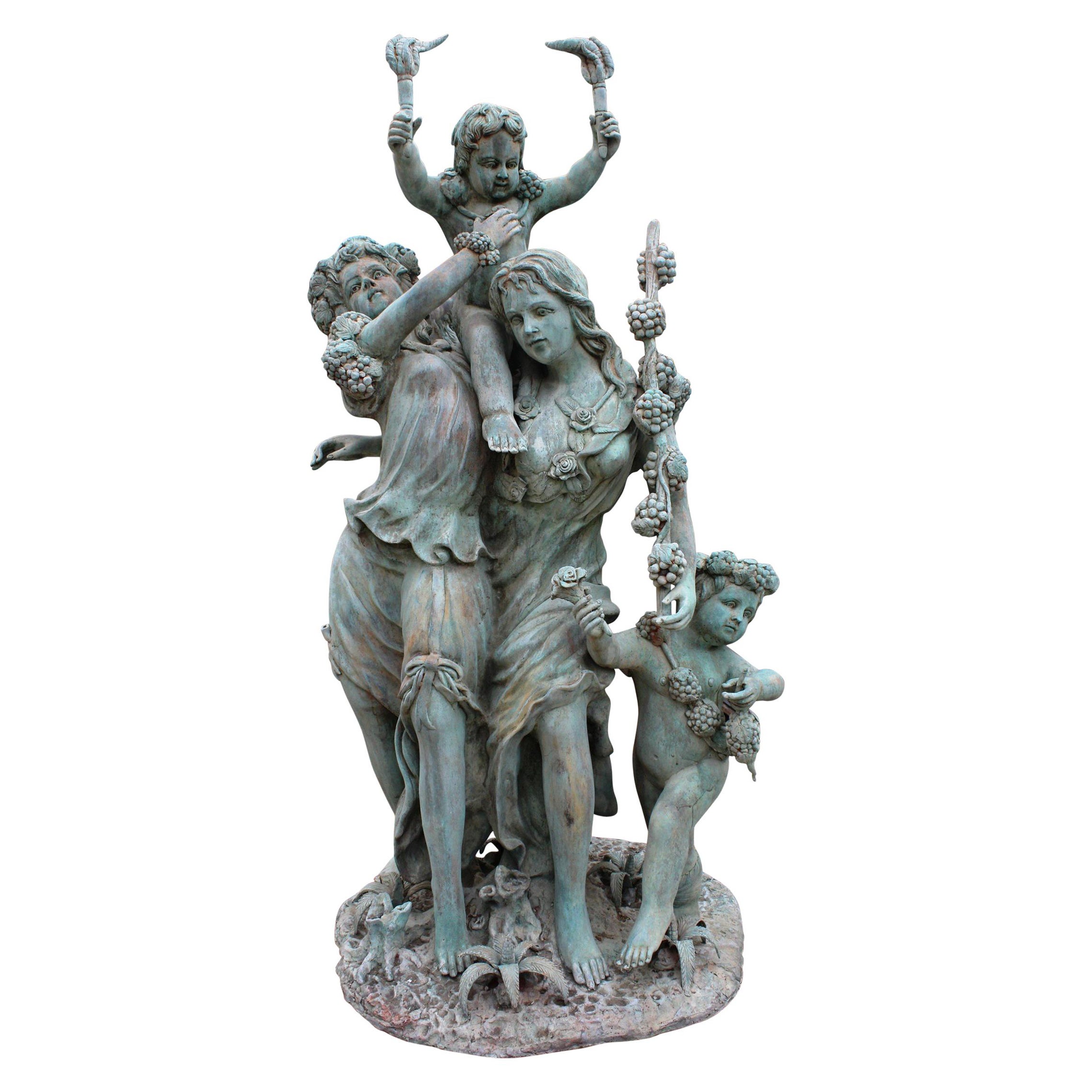 Sculptures en bronze grandeur nature de deux femmes avec chérubins