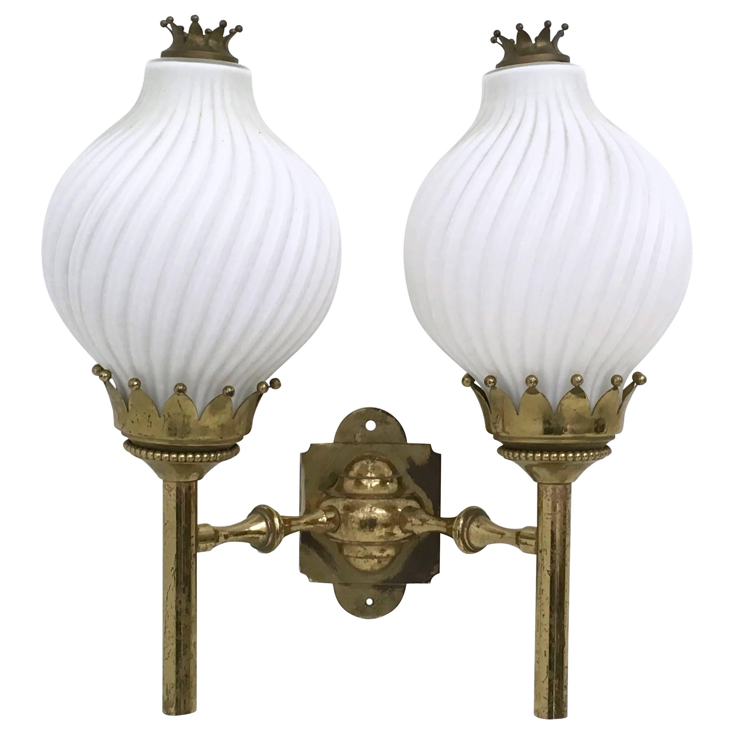 Large Vintage Two-Light Opaline Glass and Brass Sconce by Arredoluce, Italy For Sale