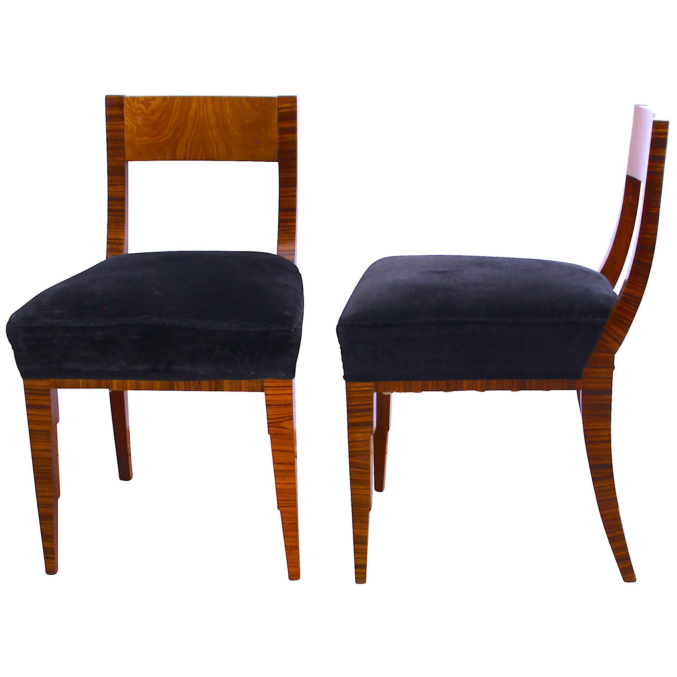 Art Deco Chairs, Macassar and Ash Veneer, Black Velvet, France, circa 1930