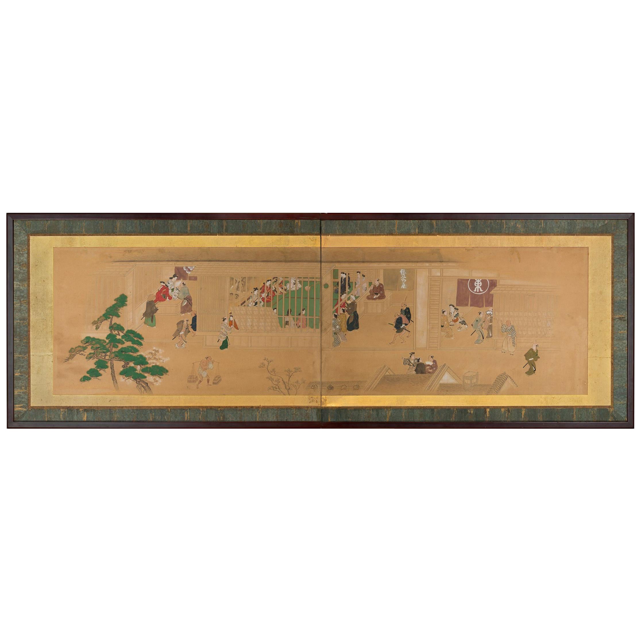 Japanese Two-Panel Screen with Scenes at the Pleasure Quarters, 18th Century For Sale