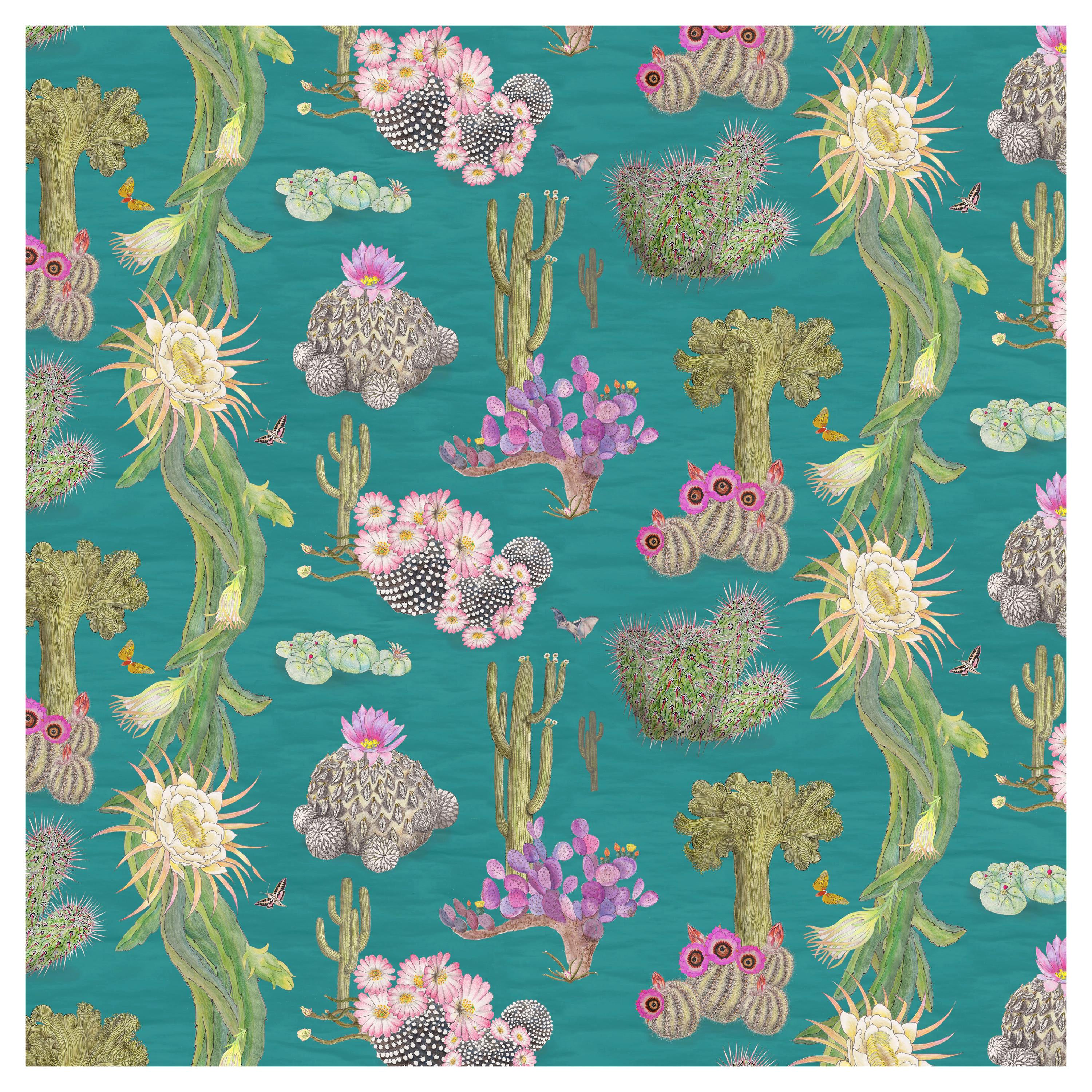Cactus Mexicanos in Turquoise Botanical Wallpaper For Sale