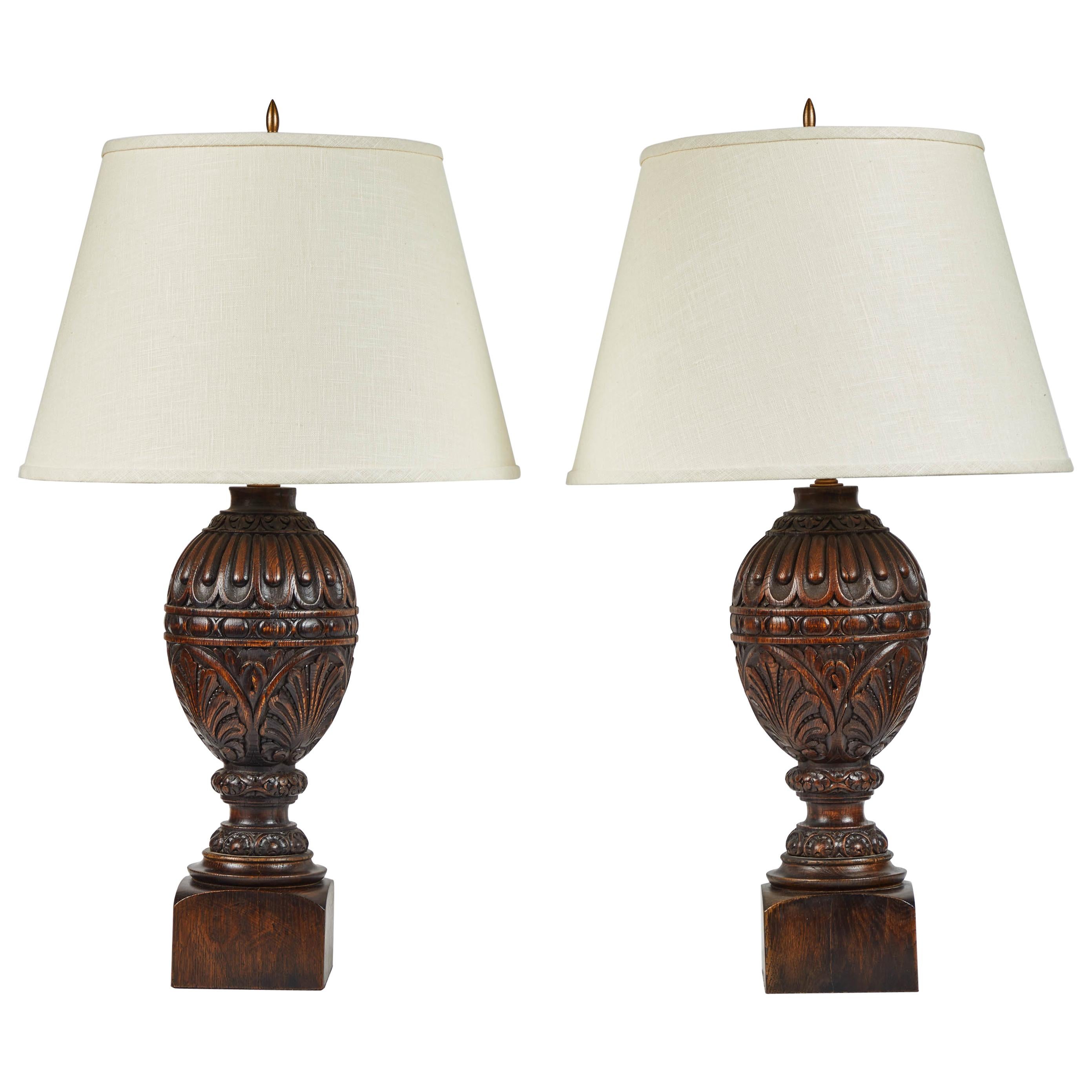 Pair of Early 20th Century Carved Oak Lamps