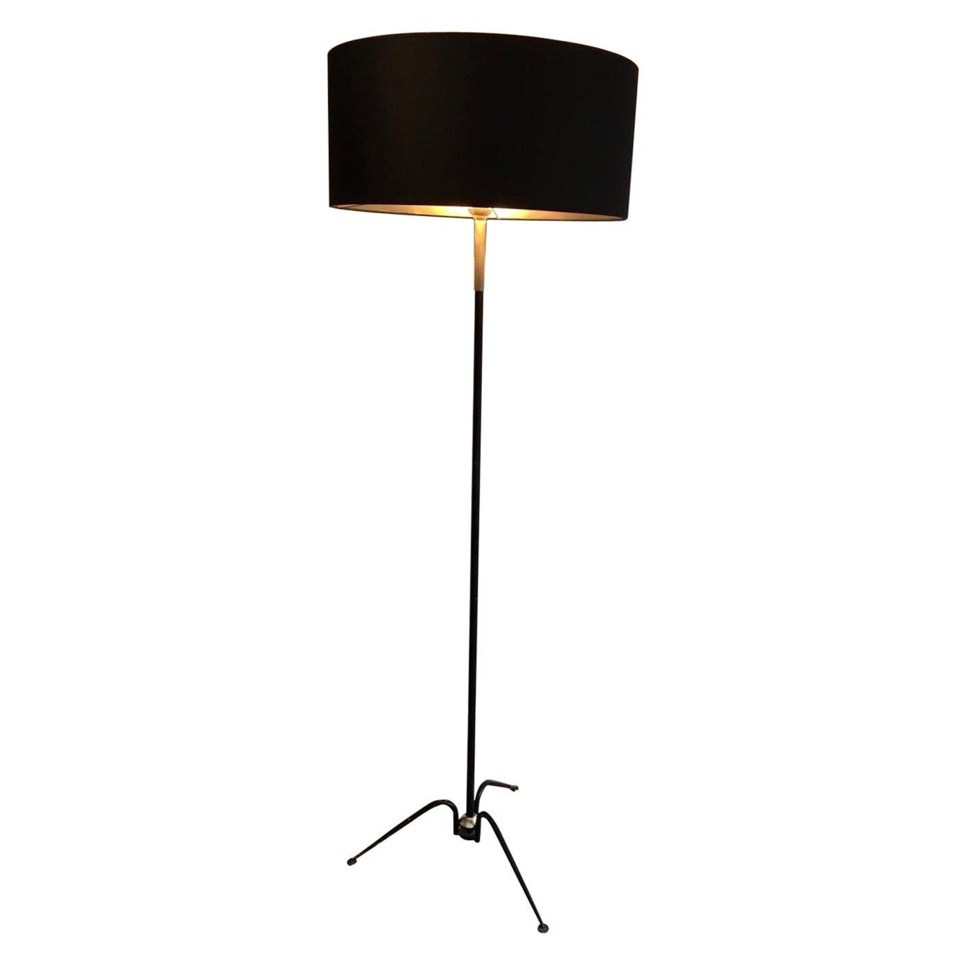 Black Lacquered and Brass Design Floor Lamp in the Style of Lunel