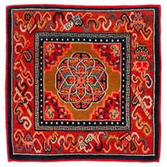 Pair of Antique Tibetan Red Floral Meditation Mat Rugs 2'4'' x 2'5''