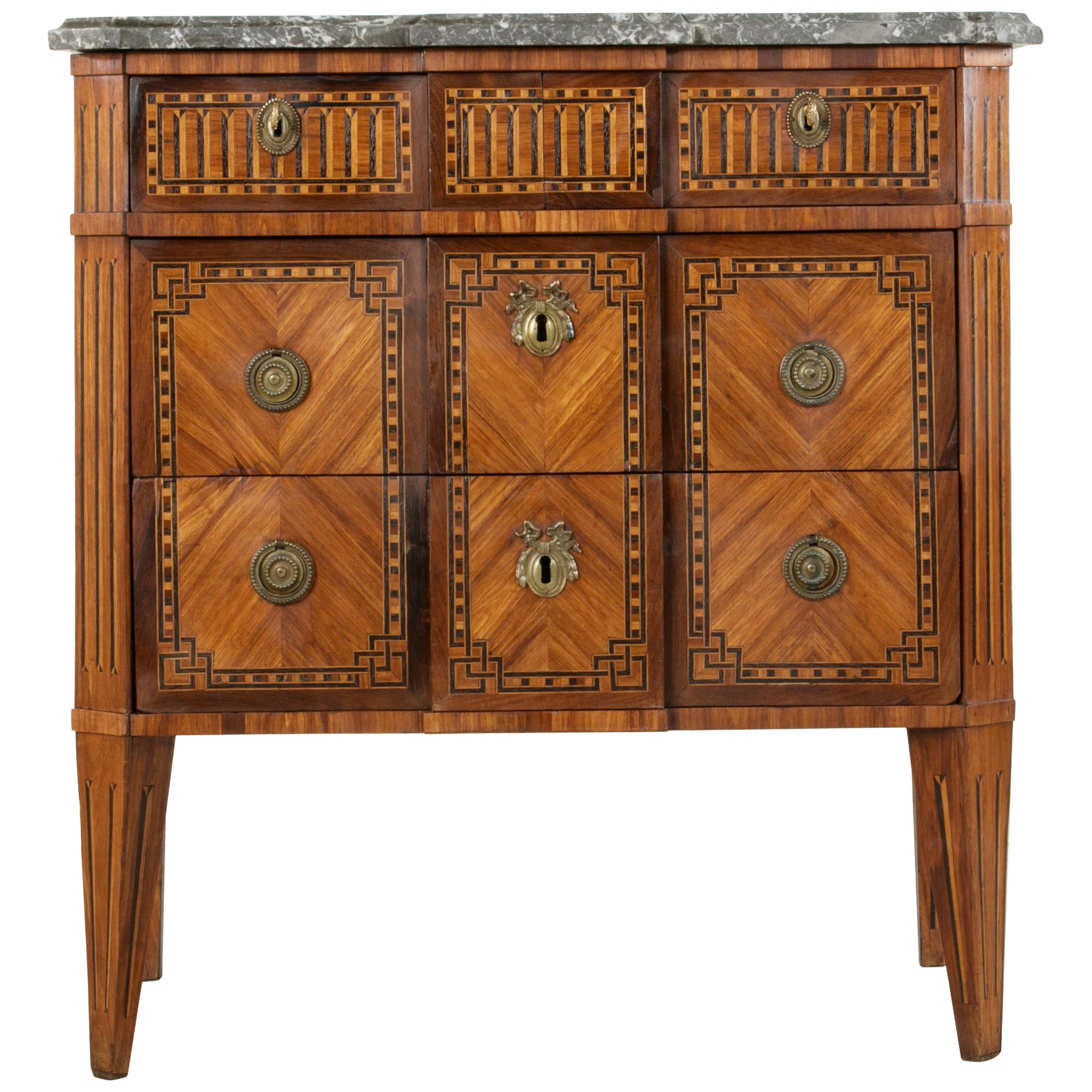 Late 18th Century French Louis XVI Period Marquetry Commode, Chest with Marble