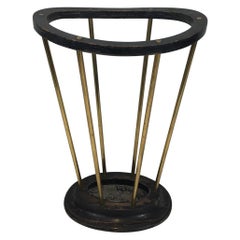 Attributed to Jacques Adnet, Ebonized Wood and Brass Umbrella Stand