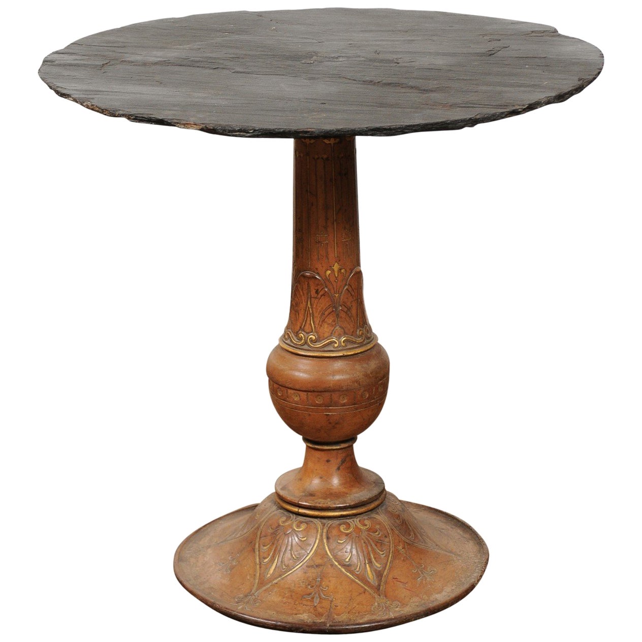 Side Table, Single Pedestal with Antique Base, Walnut Wood For Sale at