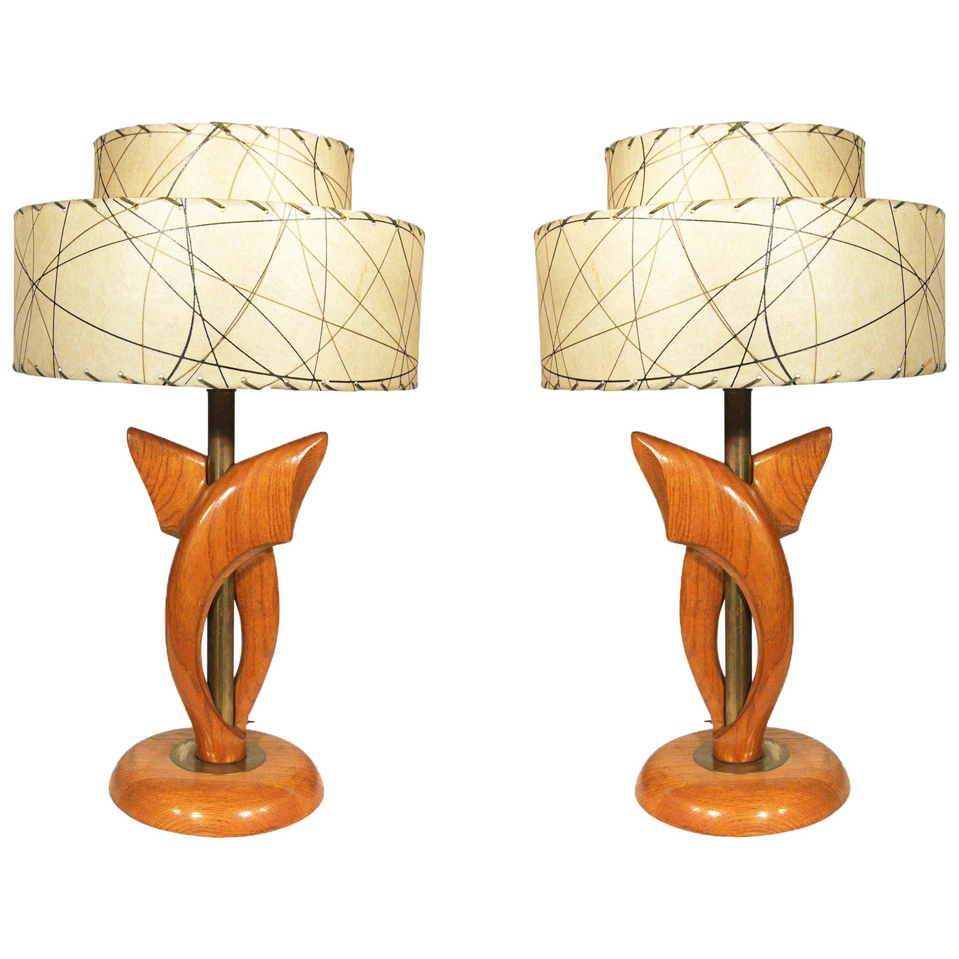 Yasha Heifetz Free-Form Oak and Brass Table Lamps, Pair