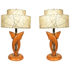 Yasha Heifetz Free-Form Oak and Brass Table Lamps, Pair