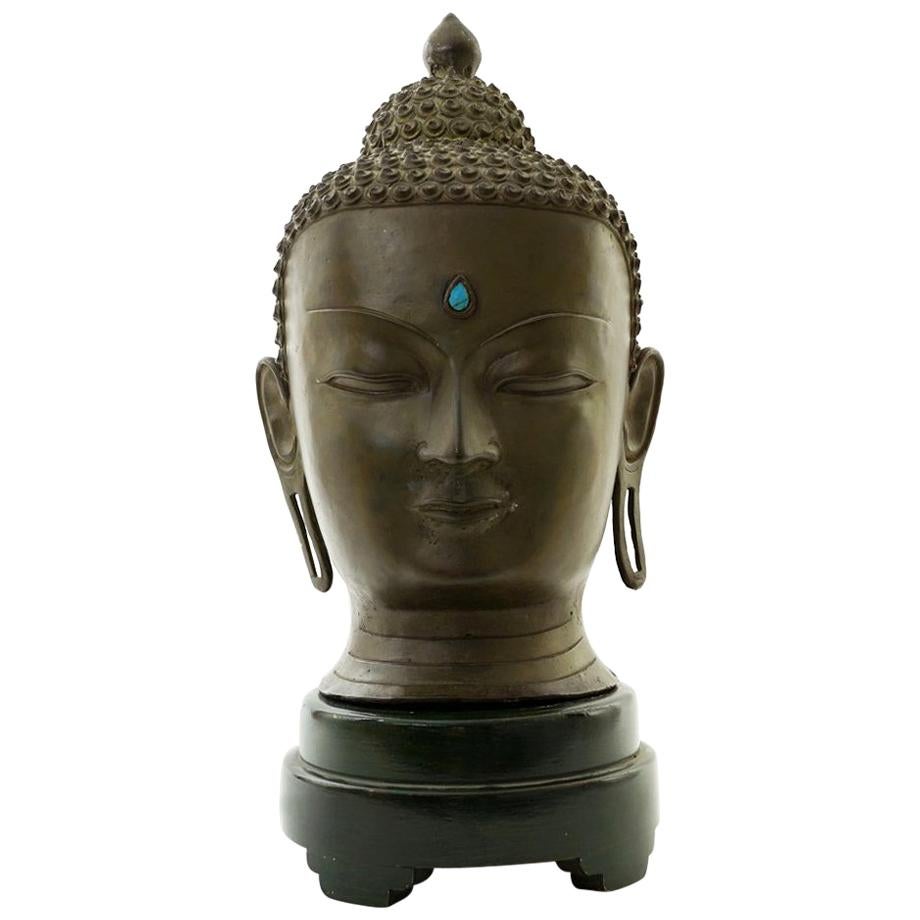 Important Signed Bronze Head of Buddha with Turquoise