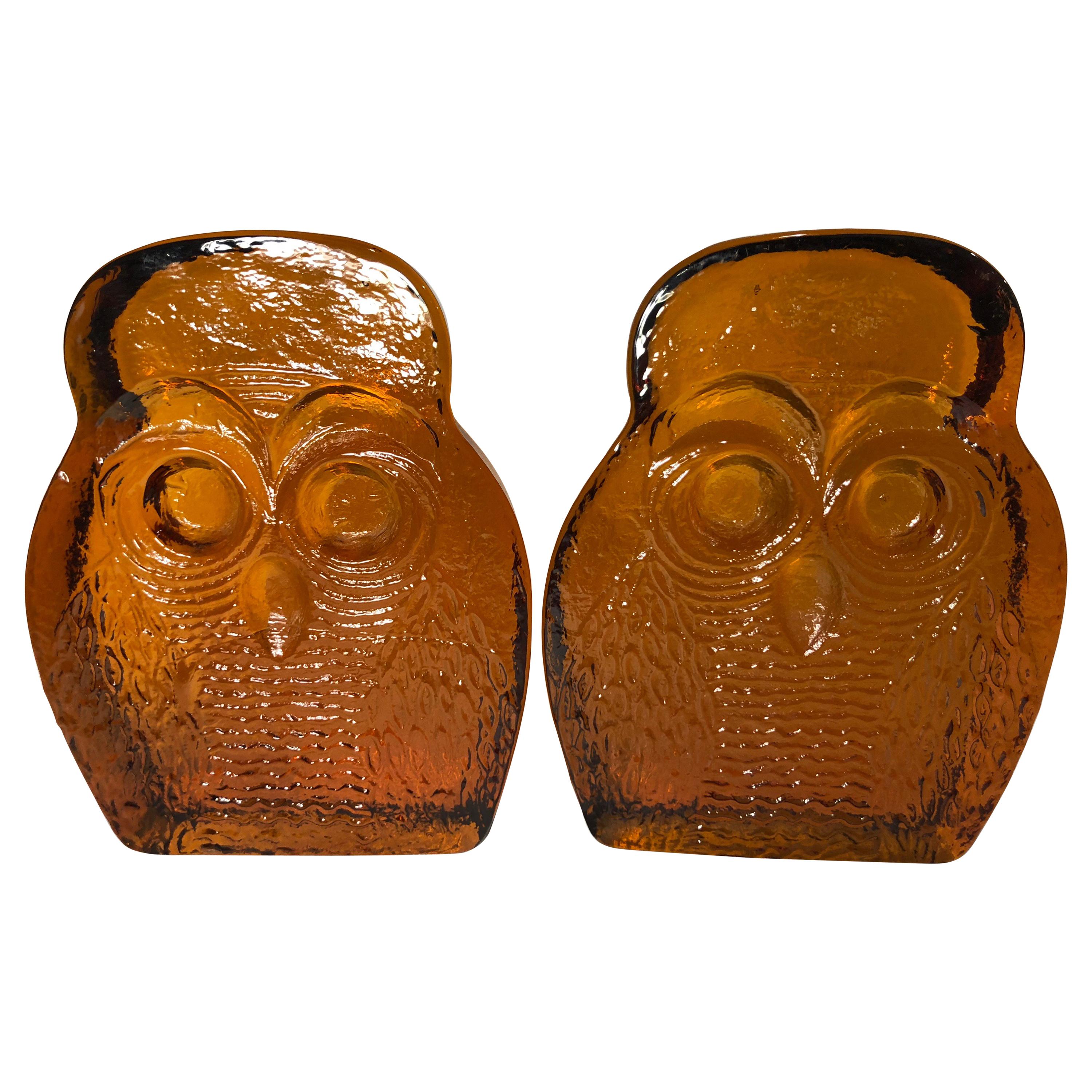 Pair of Amber Blenko Glass Owl Bookends