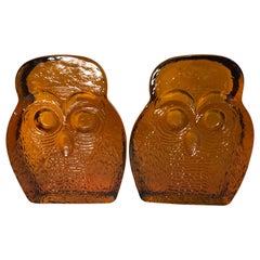 Vintage Pair of Amber Blenko Glass Owl Bookends