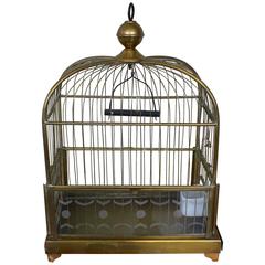 Antique Brass Bird Cage with Etched Glass