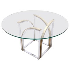 Postmodern Round Brass and Steel Dining Table by Romeo Rega with Glass Top