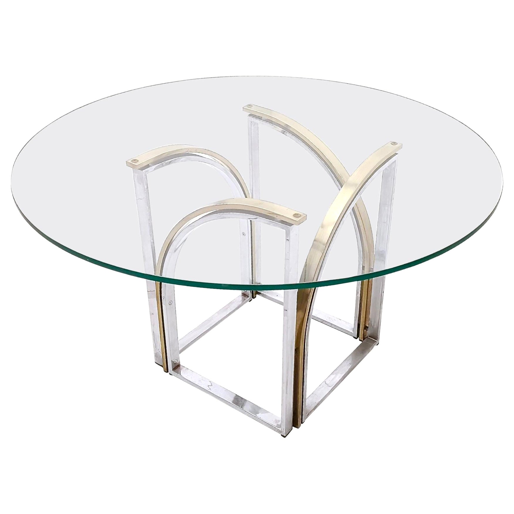 Postmodern Round Brass and Steel Dining Table by Romeo Rega with Glass Top For Sale