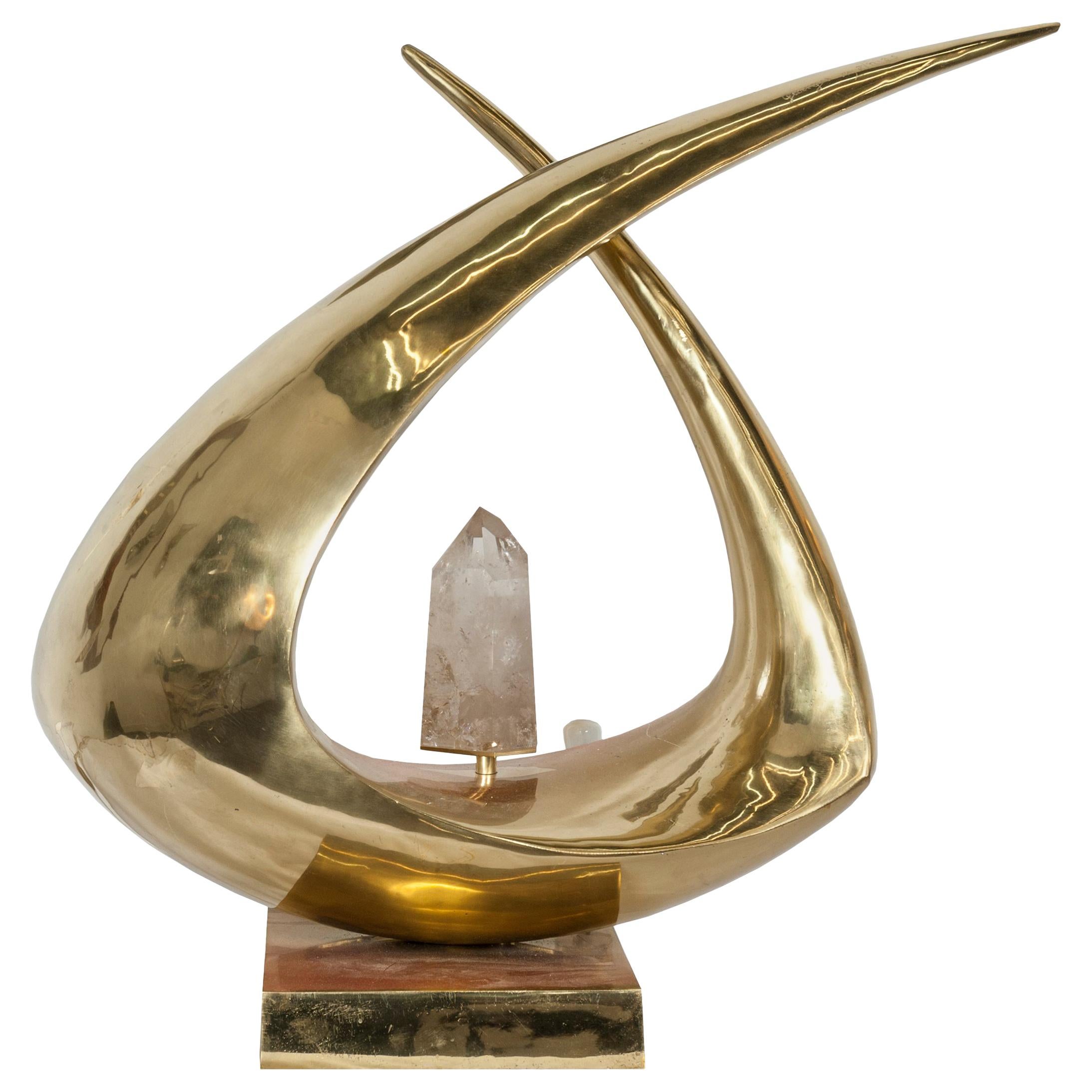 Skulpturale Bronzelampe mit Bergkristall, signiert von Georges Mathias im Angebot