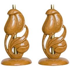 Yasha Heifetz Carved Oak Lamps