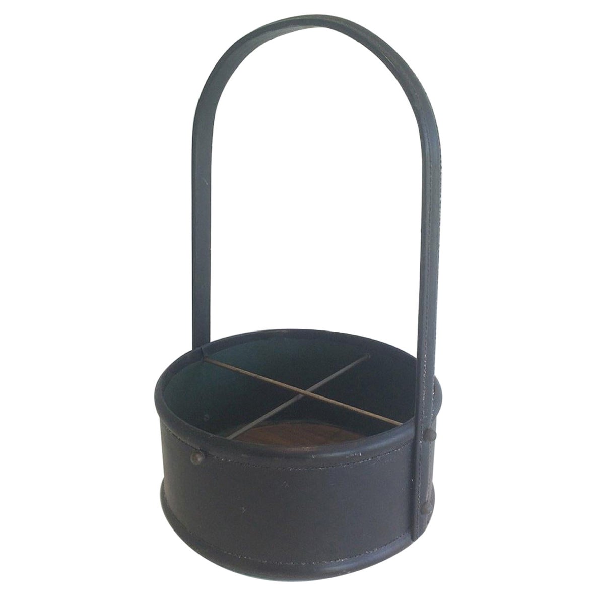 Leather and Wood Bottle Holder, in the Style of Jacques Adnet, French, 1950s For Sale