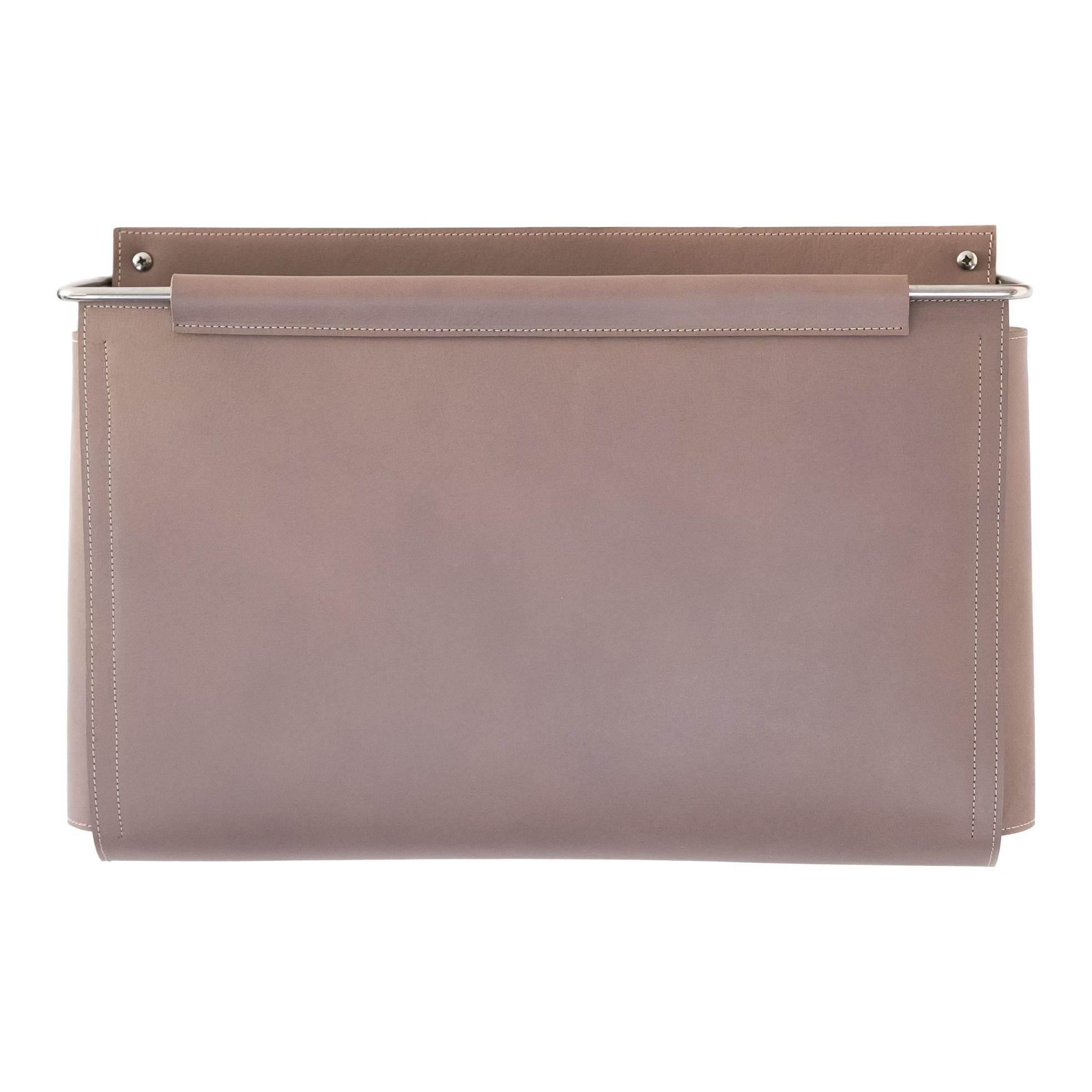 Wall Pocket 16"Lx3"Dx10"H in Taupe Leather and Stainless Steel by Moses Nadel