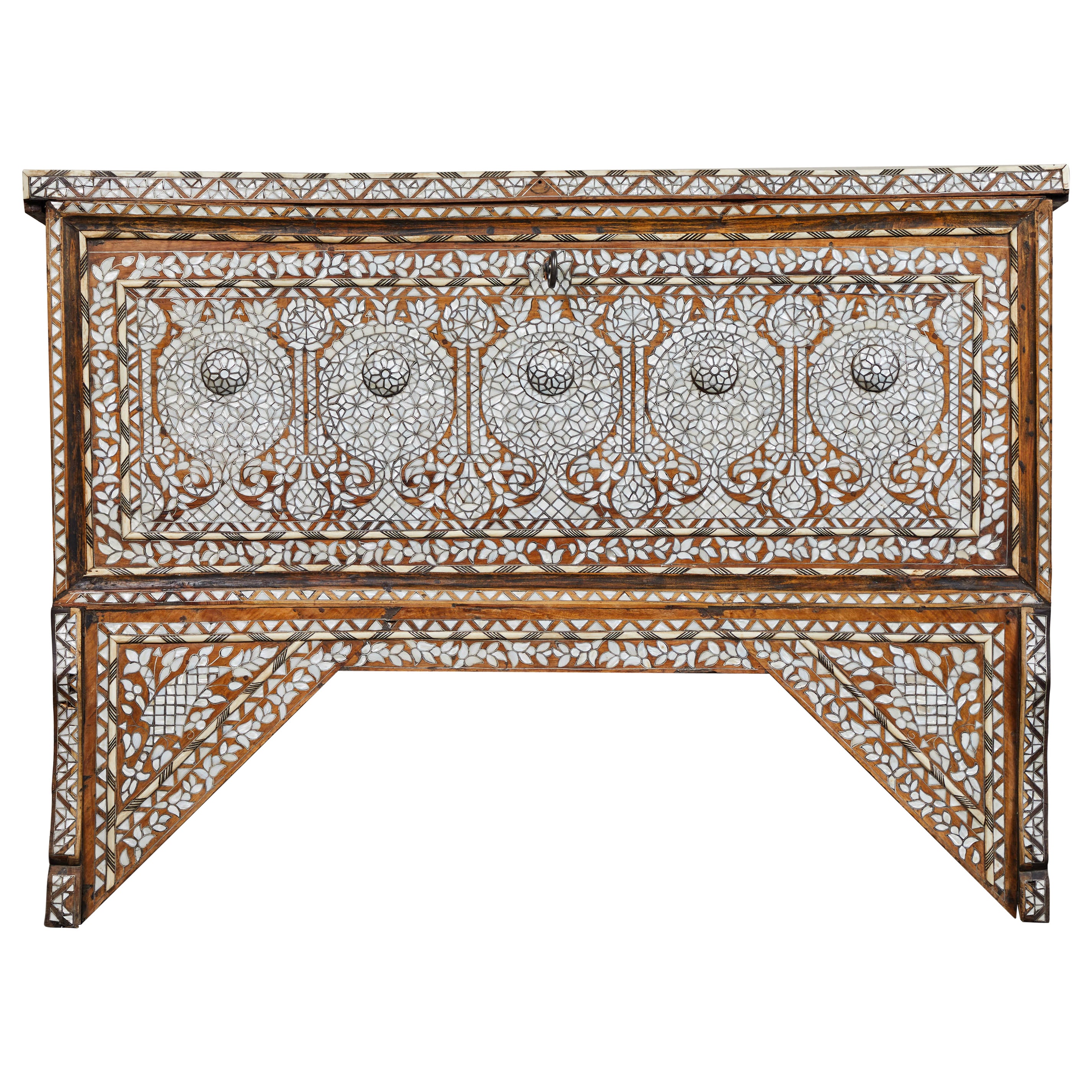 Antique Syrian 19th Century Mother of Pearl Inlay Wedding Dowry Trunk Chest For Sale at 1stDibs