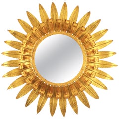 Large Spanish 1960s Double Layered Eyelash Bicolor Gilt Iron Sunburst Mirror
