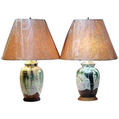 Near Pair of Awaji Pottery Japanese Drip Glaze Wabi Sabi Zen Meditation Lamps